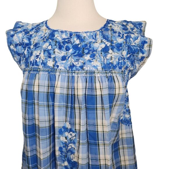 MI GOLONDRINA Soledad Blouse Women's Small Floral Ruffle‎ Top Lago Blue Plaid - Picture 2 of 12